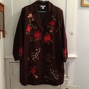 Dressbarn brown silk embroidered coat Sz 2X
